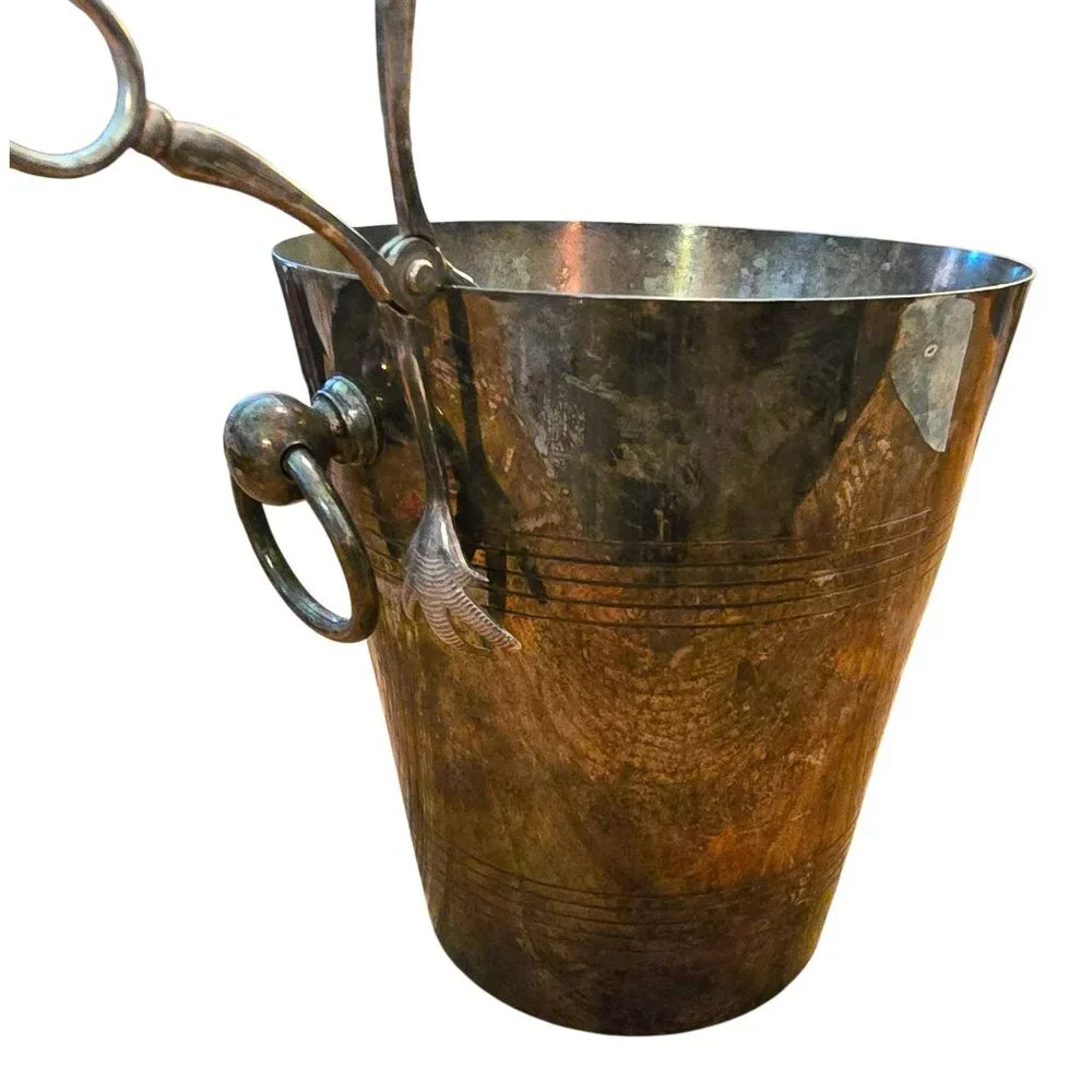Vintage Silver-Plated Ice Bucket With Bird Foot Tongs Set K&M England CM2130